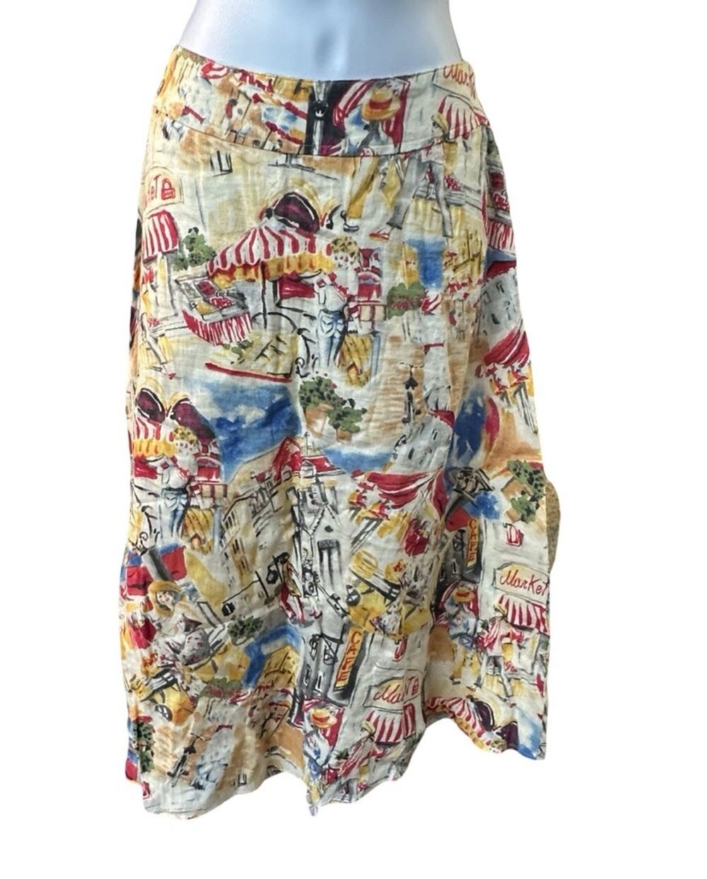 Liz Claiborne Linen Skirt 4 French Cafe Market Scenic Novelty Print Midi